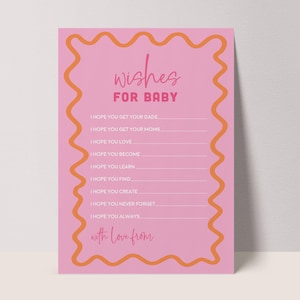 Deseos para el bebé Juego de baby shower / Plantilla para baby shower con borde ondulado rosa y naranja / Editable e imprimible / DESCARGA INSTANTÁNEA / WAVYPO