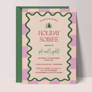 Uitnodiging vakantiefeestje | Sjabloon voor grillige kerstfeestuitnodiging | Afdrukbare kerstcocktailparty-uitnodiging | Retro | GOLVENDE RAND