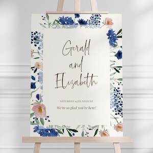 Blue Floral Wedding Welcome Sign | Custom Modern Wedding Welcome Sign | Printable DIY Editable Classic Pretty Royal Blue Floral #BF3