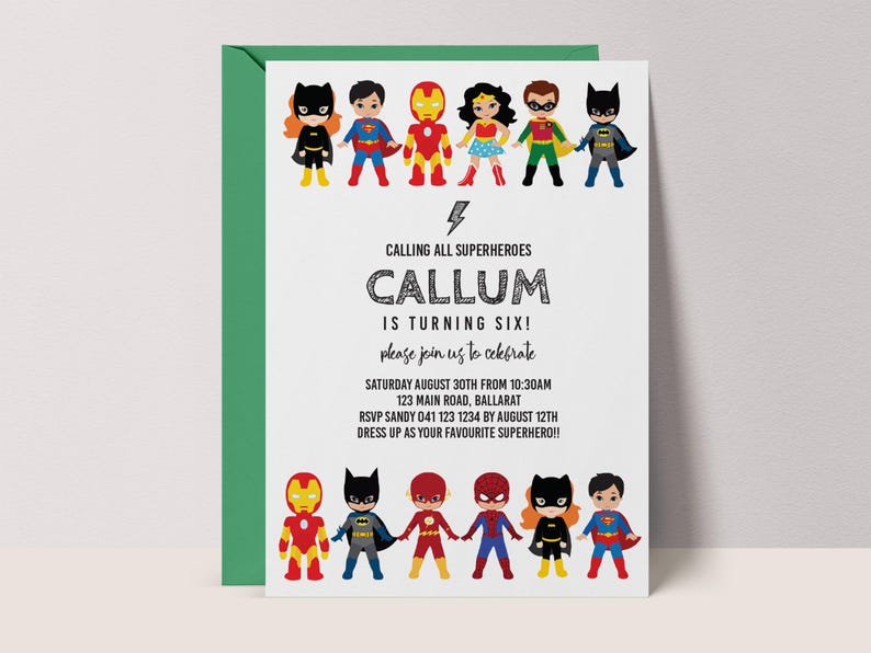 Invitación de superhéroe infantil, estilo caricatura (editable, descarga instantánea) #CH3 imagen 1