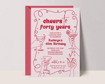 Retro 40th Birthday Invitation: Pink & Red Cocktail Party (Digital Download) #RB3