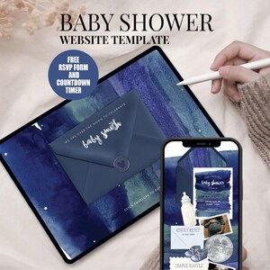 May include: A digital baby shower website template displayed on a tablet and smartphone. The tablet shows a navy blue envelope with the text "baby smith". The smartphone displays baby shower details. The text "BABY SHOWER WEBSITE TEMPLATE" is at the top.