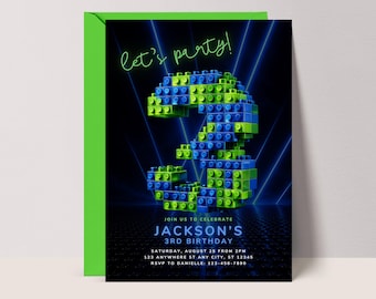 3rd Birthday Building Blocks Invitation: Kids Neon Party Invite (Digital Download) Canva #LG3