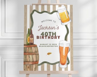 Beer Welcome Sign: Printable Mens Birthday Decor Canva Template #CBW1
