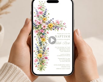 Floral Baptism Video Invitation Girl, Animated Christening Evite (Digital Download) #FB1