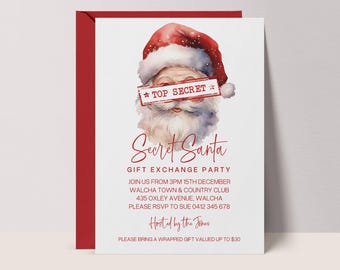 May include: A red and white Secret Santa invitation card. The card features a watercolor illustration of Santa Claus with a "TOP SECRET" banner over his eyes. The text reads "Secret Santa Gift Exchange Party".