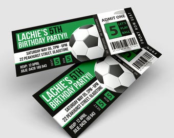May include: Black and green ticket invitation for a 5th birthday party with a soccer ball graphic. The text reads "Lachie's 5th Birthday Party!" with the date, time, and location of the party. The ticket also says "Let's Play Ball" and "Admit One".