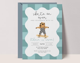 Capybara Skate Invitation: Boys Capy Birthday Invite, Retro Blue CANVA template #CPB1