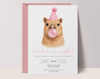 Capybara Invitation: Girls Capy Birthday Invite, Party Animals Blowing Bubble, CANVA template #BB1