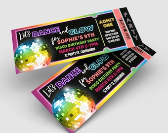 Editable Disco Birthday Invitation: Dance & Glow Party Invite Template, Neon Ticket Kids #DTI0