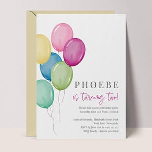 Birthday Invitation Watercolor Balloons Editable Digital Invite, Modern Girls Party Printable Balloon Birthday Invitation #WB3