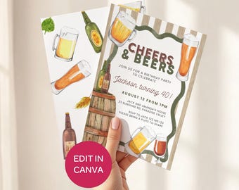 Cheers and Beers Invitation:  Mens Birthday Invite, Watercolor Editable Template CANVA #CBW1