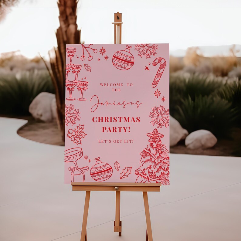 Hand Drawn Christmas Welcome Sign: Illustrated Whimsical Signage, Red Pink Holiday Printable #WH3 bild 2