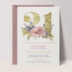 21st Invitation Printable Template with Gold Glitter and Floral Design for Women’s Birthday Party, Instant Download Editable #GB3