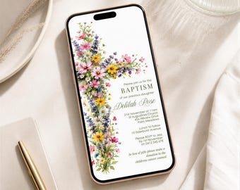 Floral Baptism Invitation Girl, Editable Canva Christening Evite (Digital Download) #FB1