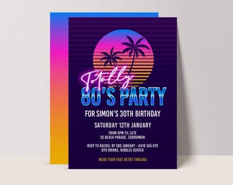 80s Party Invitation:  Miami Vibe Neon Birthday Invite Template, Instant Download #80MV