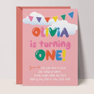 Colorful Girls First Birthday Invitation | Editable Digital Balloon Text One Invite Template, 1st Garlands Party Printable Bunting #G33