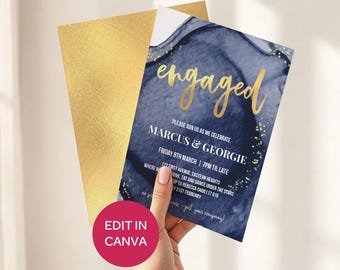 Gold Engaged Invite: Engagement Party Invitation, Editable Canva Template #GLX1