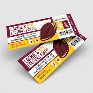 NRL Footy Themed Party Invitation | Brisbane Broncos Football Ticket Invite Template, Maroon + Yellow Birthday Instant Printable #AFT1
