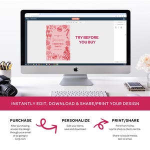a computer monitor with a website open, featuring a pink and white Christmas-themed design. The monitor is placed on a desk with a keyboard, a camera, and a vase of flowers. The image also includes text that provides instructions on how to purchase, personalize, print, and share designs.