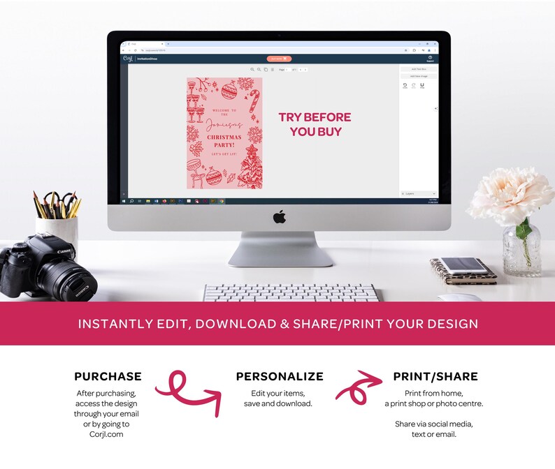 a computer monitor with a website open, featuring a pink and white Christmas-themed design. The monitor is placed on a desk with a keyboard, a camera, and a vase of flowers. The image also includes text that provides instructions on how to purchase, personalize, print, and share designs.