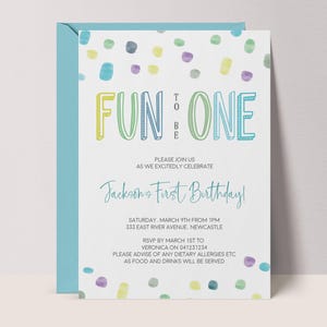 Boys First Birthday Invitation | Editable Digital Pastel Fun to Be One Invite Template, 1st Watercolor Dots Party Printable Invitation #FO3