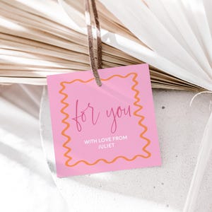 Pink and Orange Editable Party Tags | Custom Favor Labels with Wavy Border | 6x6cm Square Template | Printable Instant Download | WAVYPO