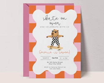 Capybara Skateboard Invitation: Girls Capy Birthday Invite, Retro CANVA template #CPB1