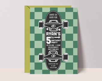 Retro Skate Birthday Invitation: Editable Skatepark Party Invite,  Checker Skateboard Skater Printable #Sk3