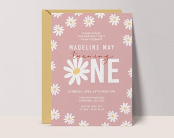 Daisy First Birthday Invitation Template: Girls 1st Party Invite, Electronic, Printable Pink Flower  #DS3