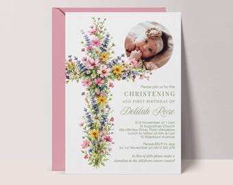 Wildflower Christening Invitation, Invite with photo, Baptism #FB1