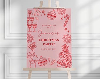 Hand Drawn Christmas Welcome Sign: Illustrated Whimsical Signage, Red Pink Holiday Printable #WH3