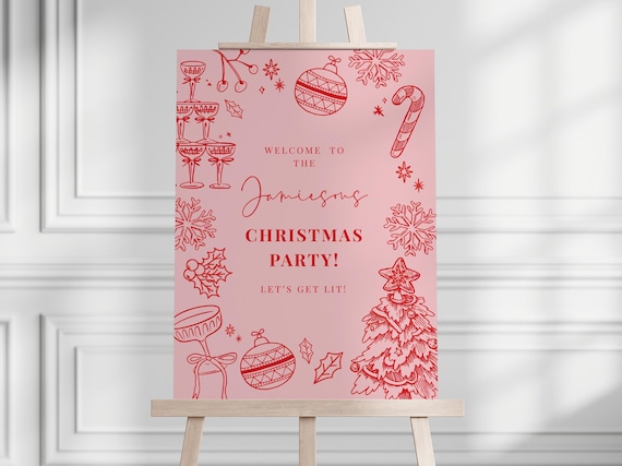 Hand Drawn Christmas Welcome Sign: Illustrated Whimsical Signage, Red Pink Holiday Printable #WH3