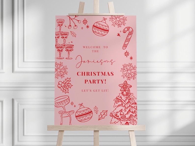 Hand Drawn Christmas Welcome Sign: Illustrated Whimsical Signage, Red Pink Holiday Printable #WH3 bild 1