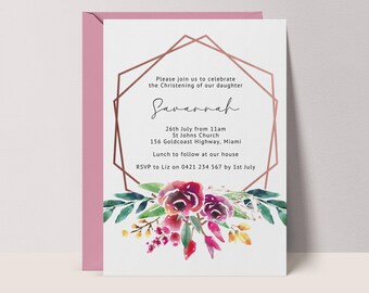 Girls Christening Invitation: Watercolor Flowers Invite, CANVA template #FH3