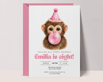 Monkey Invitation: Pink Party Animals Birthday Invite, Watercolor Modern Girls, CANVA template #BB1
