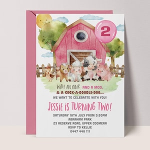 Editable Pink Farm Animals Invitation, Farmyard Birthday Invite, Girl Barnyard Birthday, Girl Farm, Pretty Barnyard Animals, Pink Barn #FF3