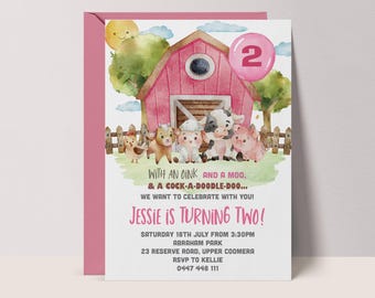 May include: A pink birthday invitation featuring a watercolor illustration of a red barn, farm animals, and a pink balloon with the number 2. The invitation text reads "Jessie is turning two!" and includes party details.
