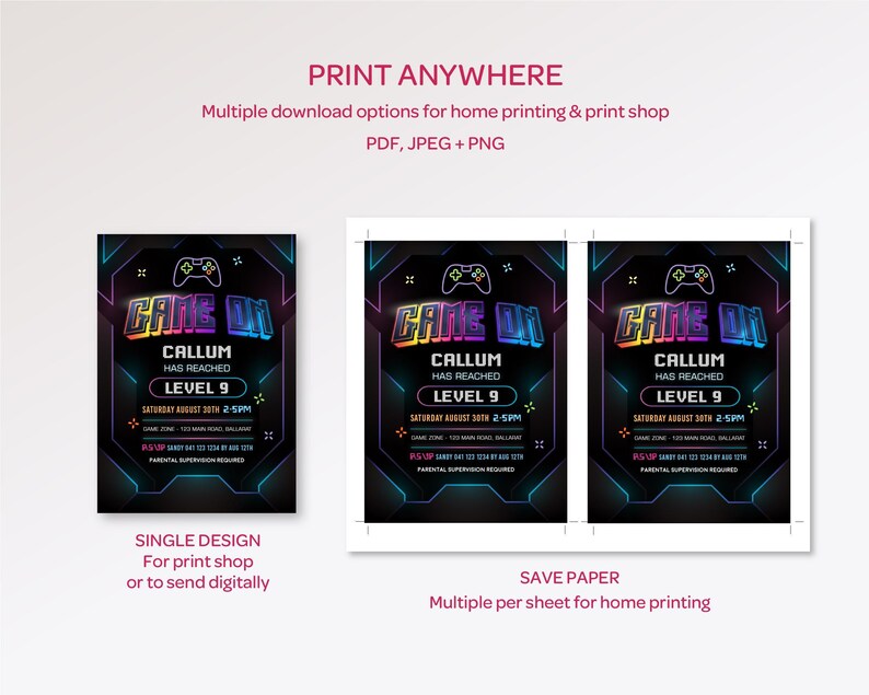 Neon Gaming Invite for Boys, Gamer Party Invitation, Digital Download, Printable, Video Game #GO3 image 5