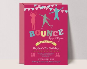 Girls Trampoline Party Invitation: Pink Bounce This Way Invite, CANVA template #LJ3