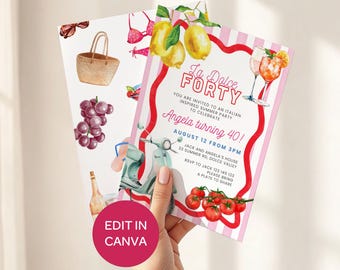 Italian Party Invitation: La Dolce 40th Birthday Invite, Watercolor CANVA Template #LD6