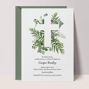May include: White cross with green foliage surrounding it. The Bothum Family cordially invites you to celebrate the Baptism of Cooper Bradley on Sunday, April 5th at 11am at St. Mary's Church, 332 Bonneville Lane, Summer. Lunch to follow. Kindly RSVP to Jen 0432 234 234 by 25 March.