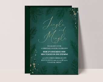 Elegant Christmas Party Invitation Template:  Green Gold Printable Invite  EXQUISITE Holiday Design #EQ3