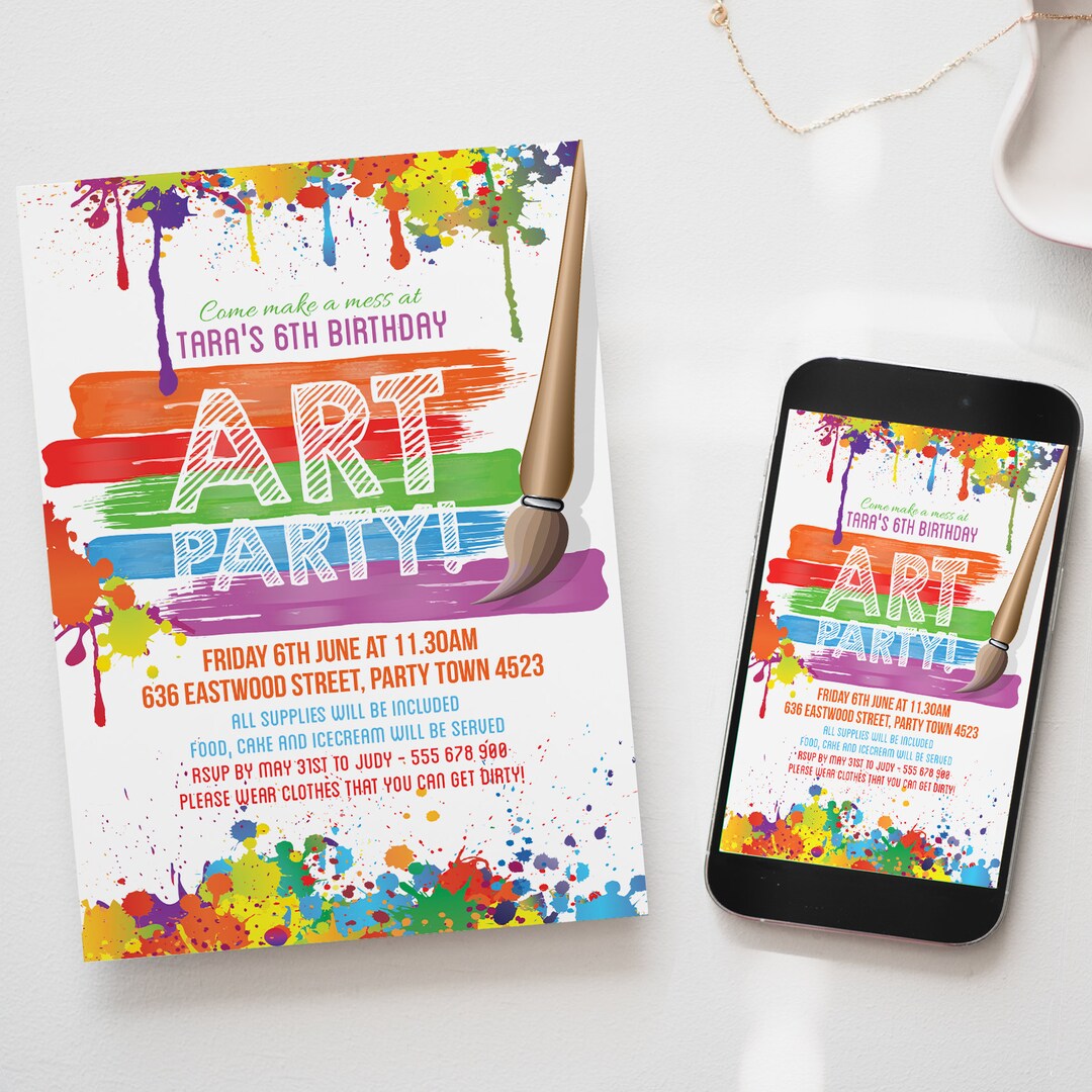 Art Party Birthday Invitation Printable Art Party Invite Editable