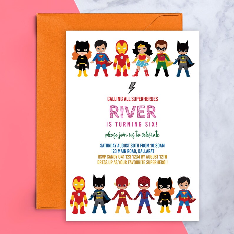 Invitación de superhéroe infantil, estilo caricatura (editable, descarga instantánea) #CH3 imagen 5