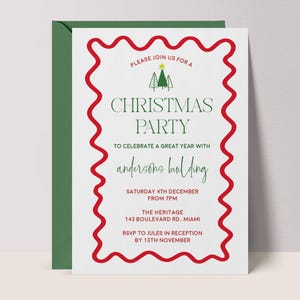 Sjabloon voor moderne kerstfeestuitnodiging | Kerstfeest golvende rand bewerkbare DIY-uitnodiging | Afdrukbaar | Instant kerstdownload | GOLVEND