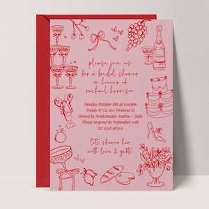 Illustrated Bridal Shower Invitation | Editable Hens Night Invitation Template | Whimsical Handdrawn Red + Pink Invite Instant Download #WH3