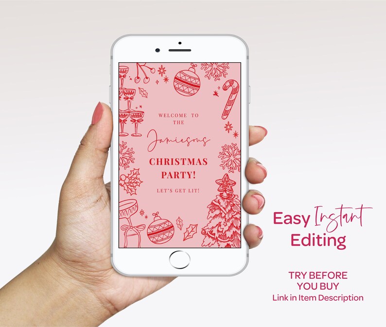 A hand holding a white smartphone displaying a pink Christmas-themed design with various Christmas decorations and text.