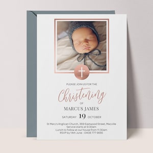 Invitation Christening Photo Template | Rose Gold Personalized Baptism Invite | Modern Boy Girl Printable Digital DIY Instant Download #CS3
