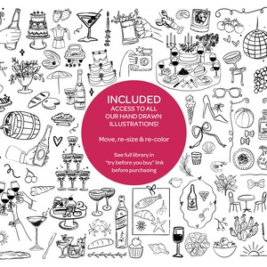 a variety of hand-drawn illustrations, including food items, drinkware, and other objects, all depicted in black and white. The image is described as a collage of multiple images, and it includes a central red circle with the text "INCLUDED ACCESS TO ALL OUR HANDDRAWN ILLUSTRATIONS!"